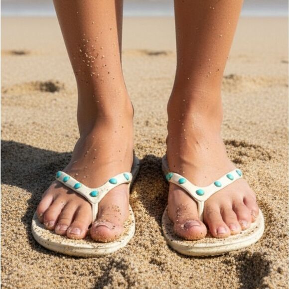 OKA b white and turquoise flip flops M - Picture 1 of 7